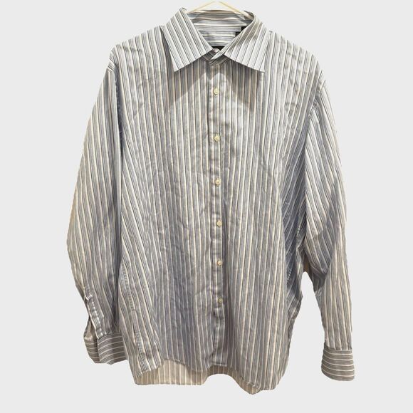 HUGO BOSS Dress Shirt Men’s 17.5 34/35 XL Blue Black Striped Quiet Luxury Modern - Picture 2 of 7